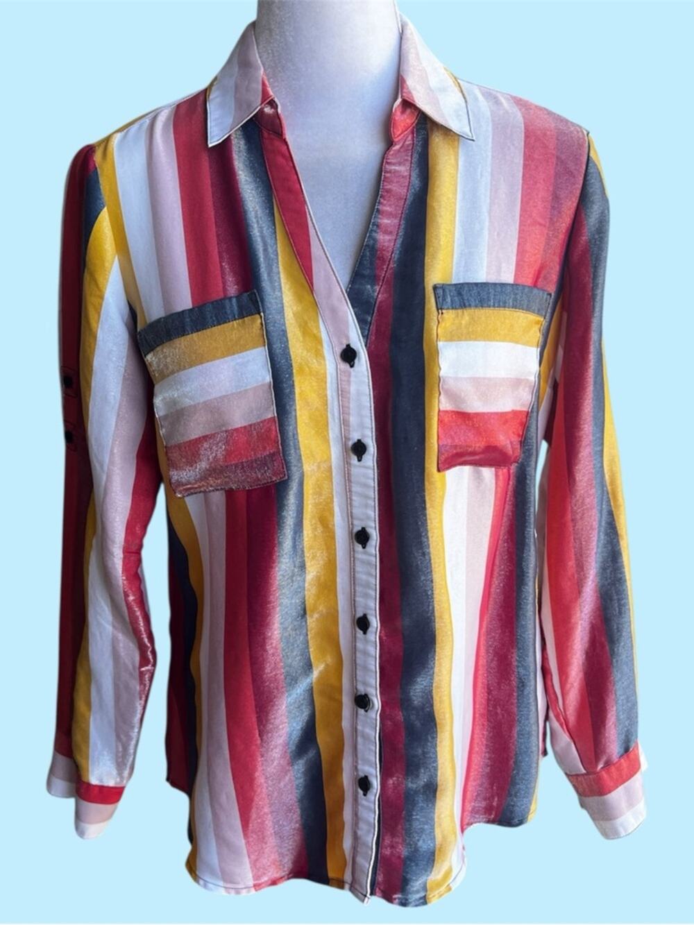 Express Portofino Women’s button down shirt shiny stripe medium